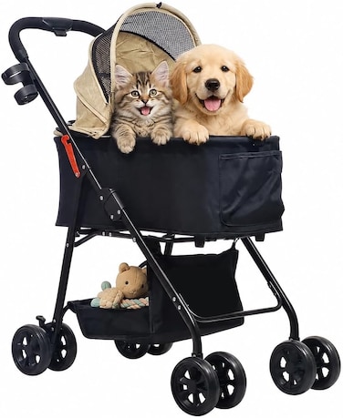 Pet Stroller for Cats, Small &amp; Medium Dogs, Foldable 96 cm Travel Cart with Mesh Ventilation, Storage Basket, Cup Holder and 4 Wheels for Shopping &amp; Outdoor Use, Dog stroller with Portable, (Beige)
