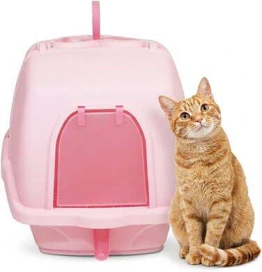 Cat toilet with Privacy Door, Anti-Tracking Grid, Top Lift Lid, and Scoop Included, 54 cm Enclosed litter box with Carry Handle, Odor Control, Easy to clean, Storage box, and Durable Plastic, (Pink)