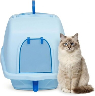 Cat toilet with Privacy Door, Anti-Tracking Grid, Top Lift Lid, and Scoop Included, 54 cm Enclosed litter box with Carry Handle, Odor Control, Easy to clean, Storage box, and Durable Plastic, (Blue)