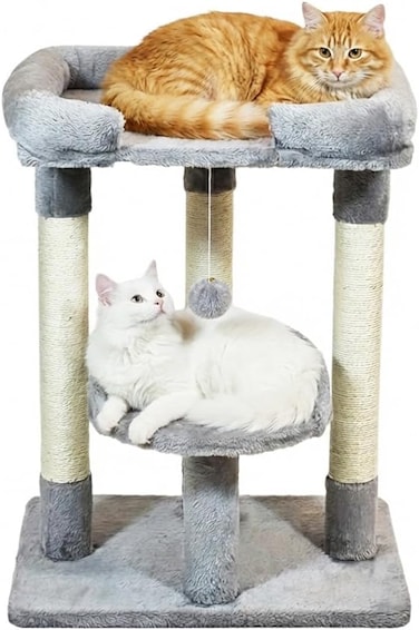 Multi-Level Cat Tree for Indoor Kittens and Adults, 67cm Cat Tower with Sisal Scratching Posts, Hanging Toy, and Large Padded Top Bed, Cat Furniture with Soft Plush and Cozy Resting Platform, (Grey)
