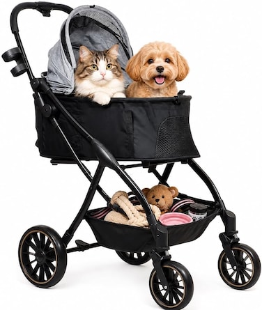 Dog Stroller with Storage Basket and Cup Holder, 106 cm Portable Foldable Pet Carrier Cart, Cat Trolley with 4 Wheels, Breathable Mesh Design, Cup Holder, Easy Handle and Adjustable Top Cover, (Grey)