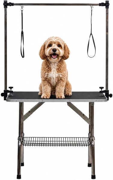 Pet grooming table for Medium to large dogs, Heavy-duty grooming station with Adjustable arm &amp; Noose, Waterproof surface, Foldable design, Storage tray, and Non-slip feet, 160 cm (Black)