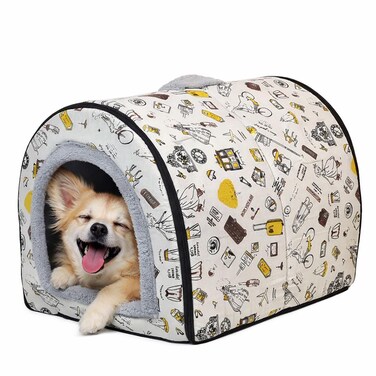 Dog bed house with Removable cushion, Portable handle, Durable zipper, and Non-slip base, Cozy cave pet house bed for Small to medium-sized dogs, Comfortable warm nest, Easy to clean, 55 cm (White)
