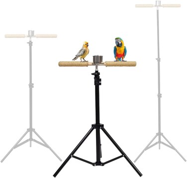 Bird Perch Stand with Tripod Base, Adjustable Height, Portable &amp; Sisal Rope Perches, 144 cm Bird Training Stand with Stainless Steel Feeding Cup for Parrot, Macaw &amp; other Medium to Large Birds (Black)