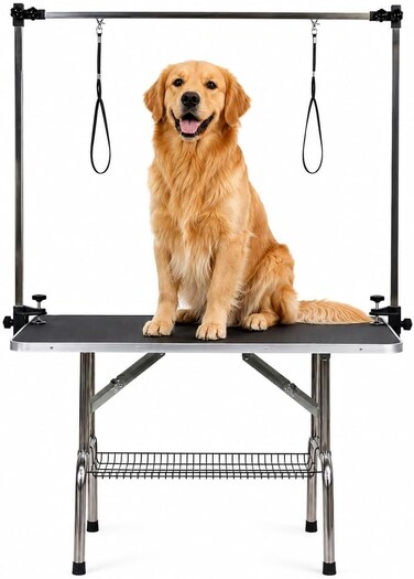 42-Inch Foldable dog grooming table with Adjustable grooming Arms, Waterproof surface, Storage tray, and Non-slip feet, Heavy-duty grooming table for Large dogs, Easy to assemble, 165 cm (Black)