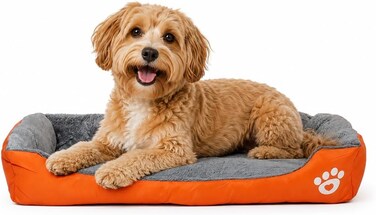 Dog bed with Bolstered sides, Soft plush surface, and Non-slip bottom, Plush Orthopedic pet sofa bed for Small and Medium indoor dogs, Easy to clean, 80 cm (Orange)