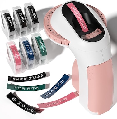 Memoking Embossing Label Maker Machine-E975 3D Embossed Label Maker with 6 Rolls Emboss Tapes, Handheld Embosser Labelling Machine, Lettering Label Maker Embossing for Home, Office and DIY (Pink)
