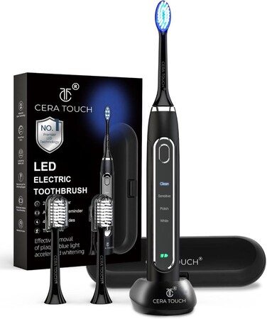 CERA TOUCH 6 Blue LED Whitening Electric Toothbrush   UAE MoIAT-Compliant Quality   4 Modes, Smart Timer &amp; Memory Function   2 Heads, Wireless Charging  IPX7 Waterproof   Travel Case   1-Year Warranty