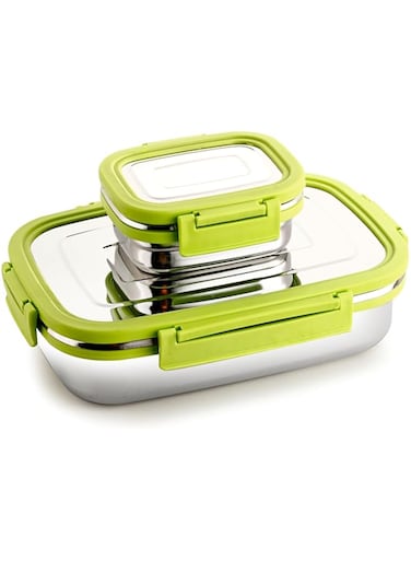 GANESH Craze Stainless Steel Tiffin Lunch Box Container/Dabba with 4 Side Clip Lock Lid for Office &amp; School Use/Food Grade/Air Tight/Easy to Carry/Leak Proof(900ml 1pc + 200ml 1 Pc) Green
