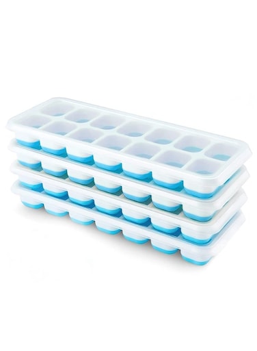 Cube Trays 4 Pack, Silicone Ice Cube Trays with Removable Lid, Easy-Release Flexible 14-Cube Ice Trays, BPA Free, Stackable Ice Trays with Covers for Cocktail, Freezer (Blue)