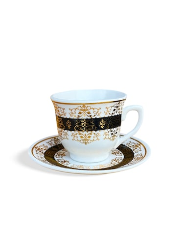 Ceramic Tea Cup &amp; Saucer Set (6 Pcs) - 80ml, Elegant Golden Design for Arabic Coffee, Tea, Hospitality, and Majlis Traditions - Perfect for Ramadan &amp; Special Occasions
