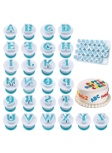 seven Fondant Icing Alphabet Cookie Stamps and Letter Cutters - Pack of 26 Capital Letters for Cake Decorating