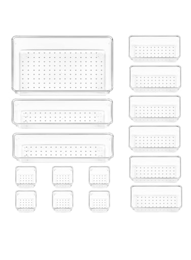 15pcs Desk Drawer Organizers Trays Set,Clear Plastic Storage Bins Bathroom Drawer Tray, Dividers Vanity &amp; Accessories trays, Organizer for Bedroom Dresser Makeup Jewelries, kitchen, office.
