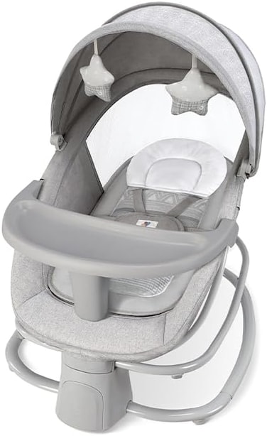 Mastela 4-in-1 Baby Rocking Chair w Bluetooth Music, Mosquito Net &amp; Sunshade Adjustable Backrest, USB MP3 &amp; APP Control 5-Point Harness, Tray, Foldable Swing for Infants up to 18KG