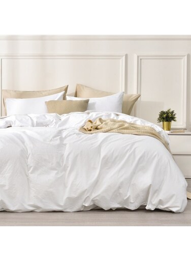100% 3pcs Garment Washed Cotton Duvet Cover Queen Size (230cm x 230cm) with 2 Pillowcases (50cm x 66cm), Linen Like Breathable Durable Soft, White