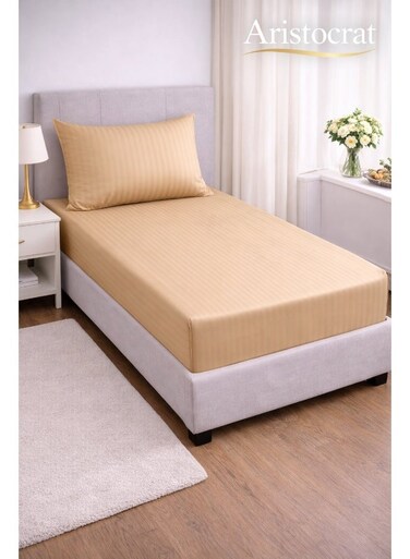 2-Piece Striped Microfiber Fitted Sheet Set Single 90x200cm &acirc;&euro;&ldquo; Soft Elastic Deep Pocket 17cm Bedsheet with 1 Pillowcase 50x70cm, Beige Microfiber Beige Single
