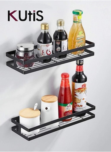 2 Piece Kitchen Wall Mounted Storage Rack Aluminum Alloy Black 29.5 x 12 x 4 Centimeter