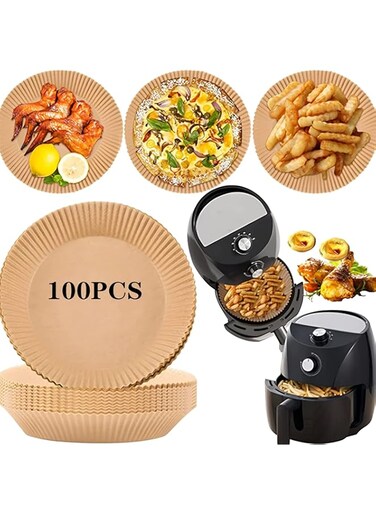Beauenty 100PCS Air Fryer Disposable Paper Liner,non-stick Disposable Liners,paper Liners for Air Fryer Basket Oil-proof,Water-proof,Parchment for Baking Roasting Microwave（6.3Inch）