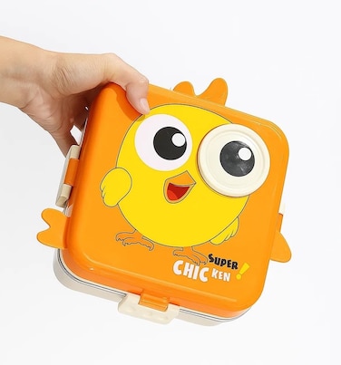 Mobcos Carnival Super Birdy Lunch Box 3 Layer Stainless Steel Lunch Box Comes with 1 Detachable Tray, 1 Small Container &amp; 1 Spoon Ideal for Kids BPA Free 1120ml+70ml - Orange