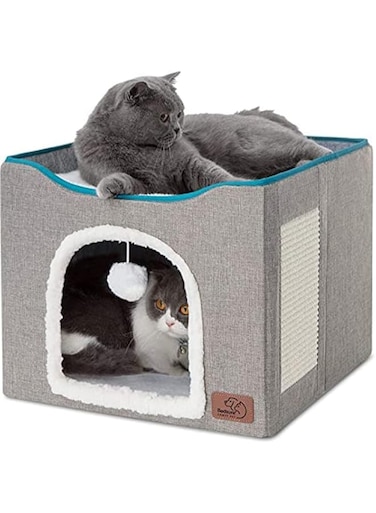 TBSITNS Cat Bed for Indoor Large Cat Cave for Pet Cat House with Fluffy Ball Hanging and Scratch Pad, Foldable Cat Nest,41x41x35CM (Grey)