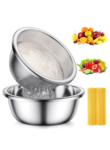 304-Stainless-Steel Colander with Mixing Bowls, 3.5-Quart Large Capacity, Metal Strainer Set Microporous Colander for Washing &amp; Draining Rice, Fruit, Vegetables, Noodle, Cooked pasta,2PC