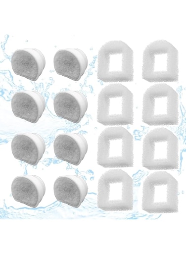 16 Pack Pet Fountain Filter Replacement,8 Carbon Filters and 8 Foam Pre-Filter Replacement Compatible with Multiple Pet Water Dspensers Water Bowl
