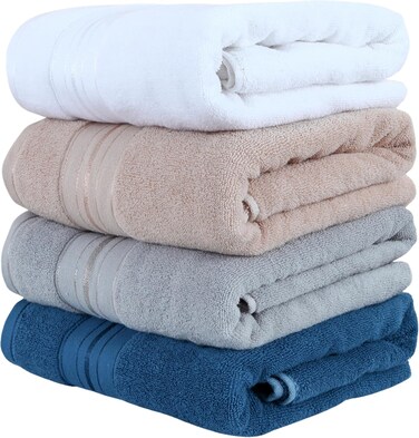 Home Dwell Premium Bath Towels Set - Set of 4 - 100% Cotton Highly Absorbent  Bath Towels - Hotel &amp; Spa Quality Bath Towels - White, Grey, Camel &amp; Blue