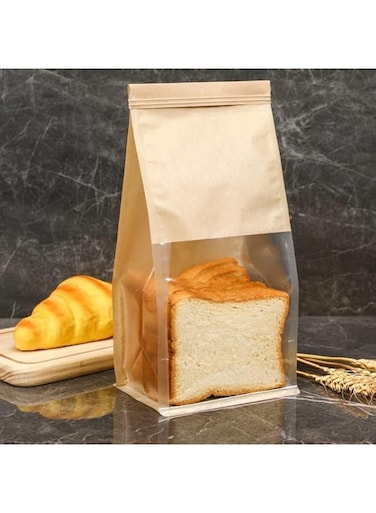 Azonee 50pcs Bakery Bags with Window Tin Tie Tab Lock Kraft Tin Tie Bags Cookie Packaging Bags Paper Bread Bags Kraft Paper Bags with Window for Packaging Brown Kraft Snack Bags Pastry Candy Treat