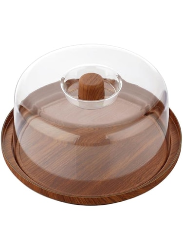 HomeTown Evelin Cake Serving Box Container Cake Server Storage Keeper Tray With See Through. (With Lid), Walnut