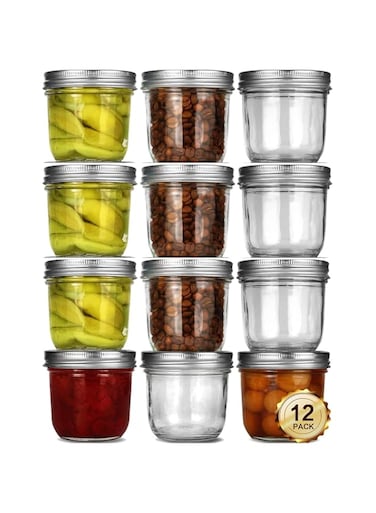 FUFU Mason Jars with Airtight Metal Regular Lids(8oz/250ml), Sealed Clear Glass Canning Jars with Wide Mouth for Spices, Honey, Jam, dessert，Jelly, of 12