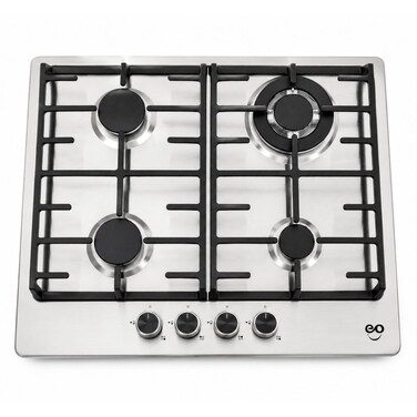 EO 60cm Built-In Gas Hob, 4 Burners, Stainless Steel, Cast Iron Pan Supports, 3.5kW Wok Burner, Metal Knobs, Auto Ignition, Flame Failure Safety Device, 8kW