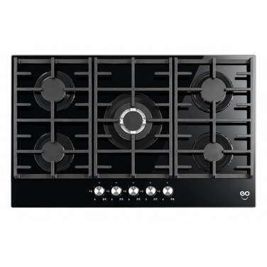 EO 90cm Built-In Gas Hob, 5 Burners, Black Tempered Glass, Cast Iron Pan Supports, Triple Ring Wok Burner, Auto Ignition, Flame Failure Safety Device, 11kW