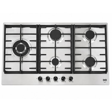 EO 90cm Built-In Gas Hob, 5 Burners, Stainless Steel, Cast Iron Pan Supports, 3.5kW Wok Burner, Metal Knobs, Auto Ignition, Flame Failure Safety Device, 11kW