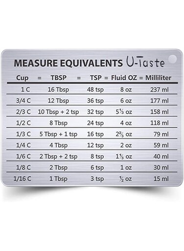 U-Taste Professional Measurement Conversion Chart Refrigerator Magnet in 18/8 Stainless Steel, Conversions For Cups, Tablespoons, Teaspoons, Fluid Oz and Milliliters