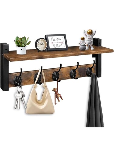 LENND Wall Hooks with Shelf, Wood Coat Rack with Shelf Wall-Mounted, Entryway Hanging Shelf with 5 Metal Hooks for Clothes Hats Towel Purse Robes, Bathroom Mudroom Bedroom, Rustic Brown Black