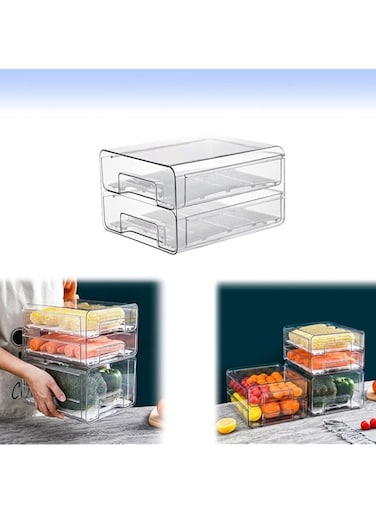 Khazna Fridge Drawer Organizer, Refrigerator Organizer Bins, Pull Out with Handle, Fridge Shelf Holder Storage Box, Clear Container for Food Drinks Eggs Fruit (Two tiers with Drain Plate)