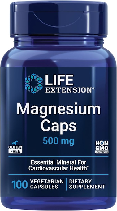 Life Extension Magnesium Caps 500 mg with Magnesium Oxide Citrate &amp; Succinate Supports Healthy Heart and Bones Helps Metabolism Gluten-Free Non-GMO, 100 Vegetarian Capsules