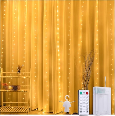 Baytion Curtain String Light,300 LED Lights Window Curtain 3x3Meters Fairy Lights with Remote Control for Christmas,Bedroom,Party,Wedding Decorations(Battery Powered)(Warm White)

