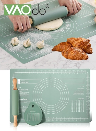 Thickening Silicone Baking Mat with Rolling Pins Food Grade Silicone Reusable Non-Stick Pastry Mat for Pastry Rolling with Measurements Liner Heat Resistance Table Placemat Pad Pastry Board BPA Free