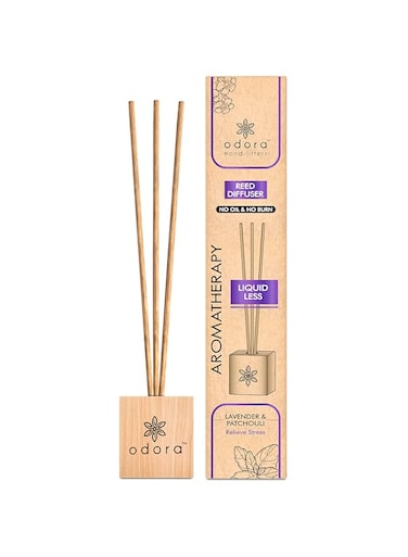 Odora Liquidless Reed Diffuser - Lavender &amp; Patchouli, Infused with Essential Oils, Long Lasting Fragrance Lasts Upto 30 Days, No Burn No Oil, Biodegradable, Room Freshener for Home, 6 Wooden Reeds