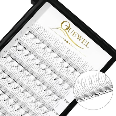 QUEWEL Premade Fans Middle Part 3D ～ 10D 12D 14D   0.05/0.07/0.10   Curl C/D   10-18mm Length   Long Lasting Easy Application Long Stem Russian Volume Eyelash Extensions (5D-0.10D-Mix9-16)