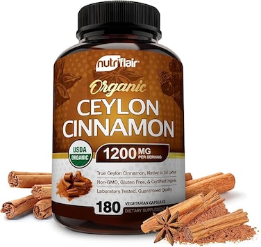 NutriFlair Organic Ceylon Cinnamon Supplement 1200mg, 180 Capsules - USDA Certified Organic Cinnamon - Non-GMO, Gluten Free Cinnamon Powder, Antioxidant Cinnamon Pills - Supports Glucose Metabolism