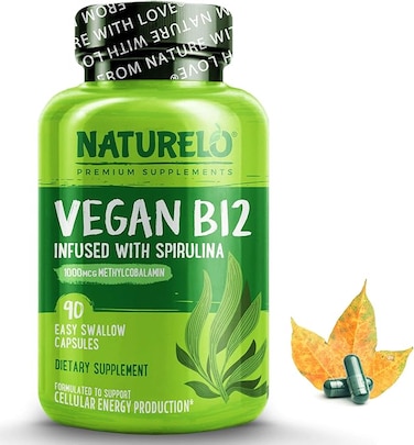 NATURELO Vegan B12 - Methyl B12 with Organic Spirulina - High Potency Vitamin B12 1000 mcg Methylcobalamin - Supports Healthy Mood, Energy, Heart &amp; Eye Health - 90 Capsules