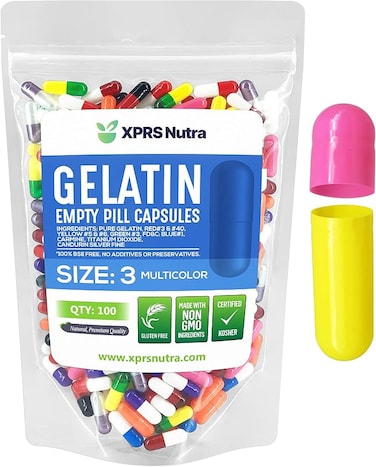 XPRS Nutra Capsules Express- Size 3 Multi-Colored Empty Gelatin Capsules- Kosher - Pure Gelatin Pill Capsule - DIY Powder Filling (100)