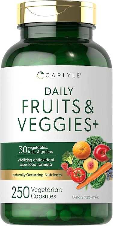 Carlyle Fruits and Veggies Supplement   250 Capsules   Made with 32 Fruits and Vegetables   Vegetarian, Non-GMO, Gluten Free Superfood Formula