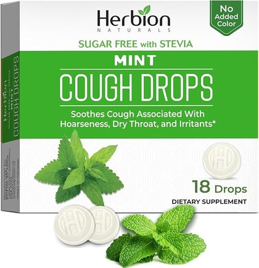 Herbion Naturals Sugar Free Cough Drops with Mint Flavor &ndash; 18 Ct &ndash; Oral Anesthetic - Relieves Cough - Soothes Sore Throat &amp; Dry Mouth &ndash; Eases Bronchial Irritation - For Adults, Children 6 and above.