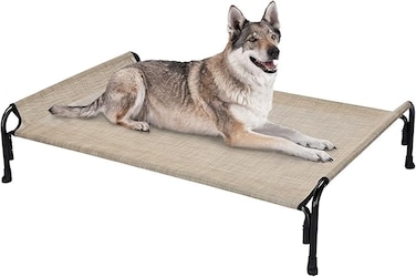 Veehoo Cooling Elevated Dog Bed, Outdoor Raised Dog Cots Bed for Large Dogs, Chew Proof Standing Pet Bed with Washable Breathable Mesh, No-Slip Feet for Indoor Outdoor, Large, Beige Coffee
