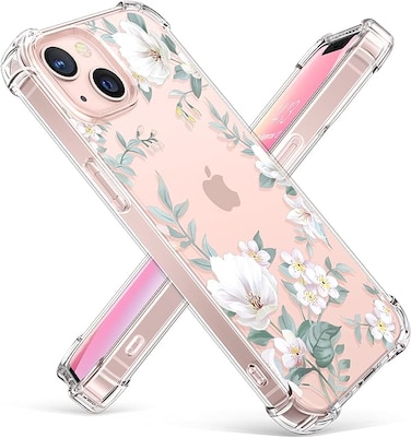 GVIEWIN Designed for iPhone 13 Case 6.1 Inch, Clear Flower Soft &amp; Flexible Shockproof Floral Women Phone Cover（Magnolia/White）