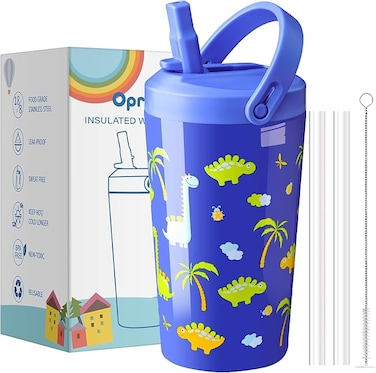 Opreine 14oz Kids Water Bottle with Straw Lid, Stainless Steel Tumbler with Lid and Straw for Boys, Double Wall Vacuum Cup, Leak Proof Insulated Kids Thermos for School Sports Travel, Blue Dinosaur