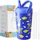 Opreine 14oz Kids Water Bottle with Straw Lid, Stainless Steel Tumbler with Lid and Straw for Boys, Double Wall Vacuum Cup, Leak Proof Insulated Kids Thermos for School Sports Travel, Blue Dinosaur